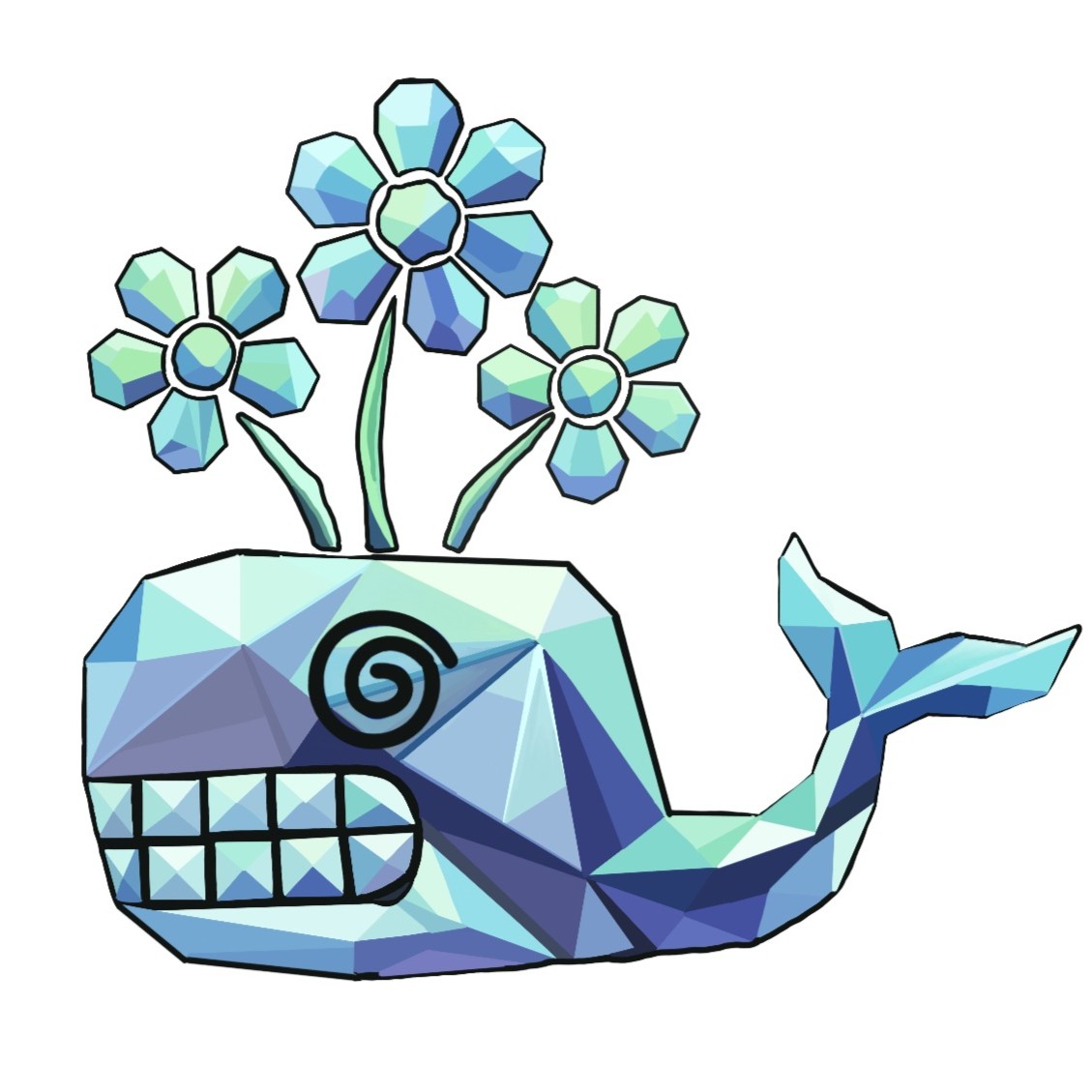 Potvis Games logo, a low-poly whale with flowers